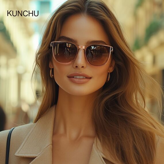 kunchu Sonnenbrille-Damen-Groß-Brillert-Frauen-Retro-Square -Trendy- Klassisch-UV400-Schutz-Ultraleicht-Runde Braunes Pulver