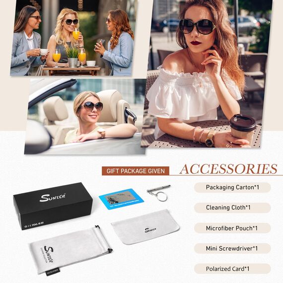 Sunier Sonnenbrille Damen Polarisiert Groß Übergroße Elegant Klassische Vintage Oversize Sonnenbrille Frauen mit 100% UV400 Schutz