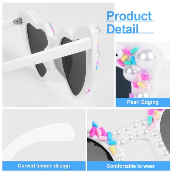 Ainiv Herz Sonnenbrille Perle, Sonnenbrille Herzform mit Birthday Brief und Perlenverzierung, UV400 Sonnenschutz und UV-Schutz Modische Retro Herz Brille für Geburtstagsfeier, Fasching, Karneval-Weiß