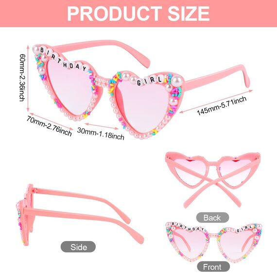 Ainiv Herz Sonnenbrille Perle, Sonnenbrille Herzform mit Birthday Brief und Perlenverzierung, UV400 Sonnenschutz und UV-Schutz Modische Retro Herz Brille für Geburtstagsfeier, Fasching, Karneval-Rosa