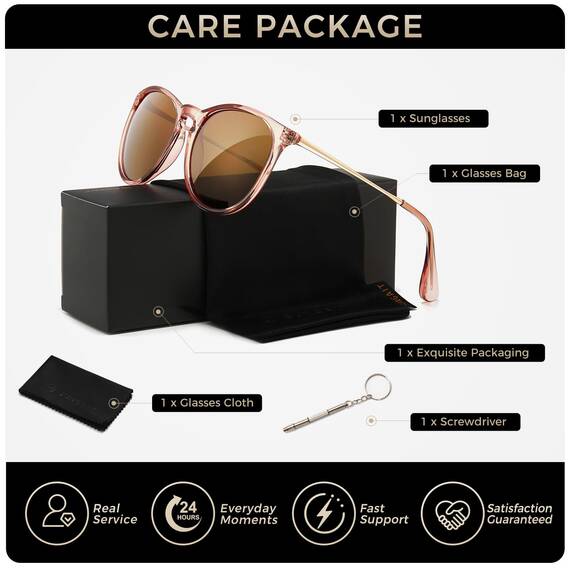 SUNGAIT Vintage Runde Damen Sonnenbrille Klassischer Retro Designer Stil (Polarisierte Hellbraune Linse/Rosa Brauner Rahmen)-SGT567