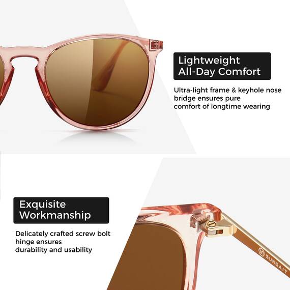 SUNGAIT Vintage Runde Damen Sonnenbrille Klassischer Retro Designer Stil (Polarisierte Hellbraune Linse/Rosa Brauner Rahmen)-SGT567