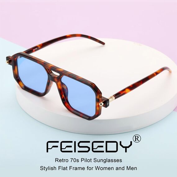 FEISEDY Retro 70er Jahre Sonnebrille Damen Herren Vintage Flache Quadratische Brille mit UV400-Schutz B2622
