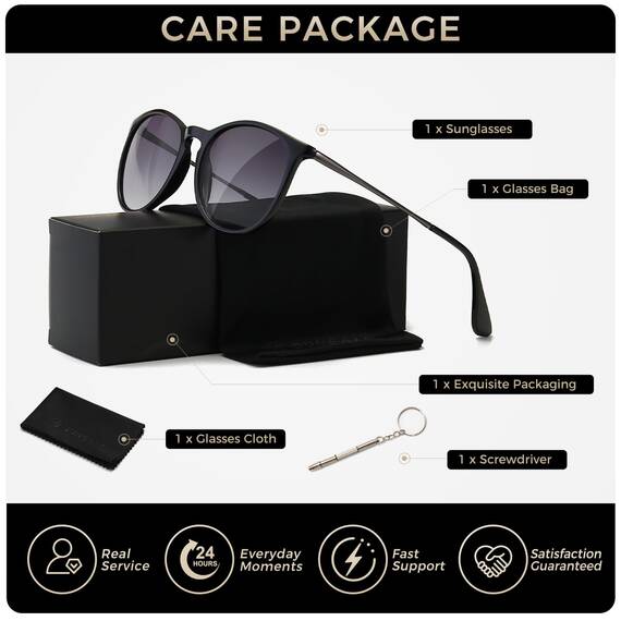 SUNGAIT Vintage Runde Damen Sonnenbrille Klassischer Retro Designer Stil(Matte Schwarz/farbverlauf Grau)-SGT567