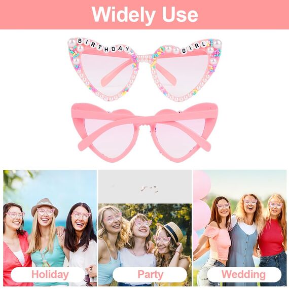 Ainiv Herz Sonnenbrille Perle, Sonnenbrille Herzform mit Birthday Brief und Perlenverzierung, UV400 Sonnenschutz und UV-Schutz Modische Retro Herz Brille für Geburtstagsfeier, Fasching, Karneval-Rosa