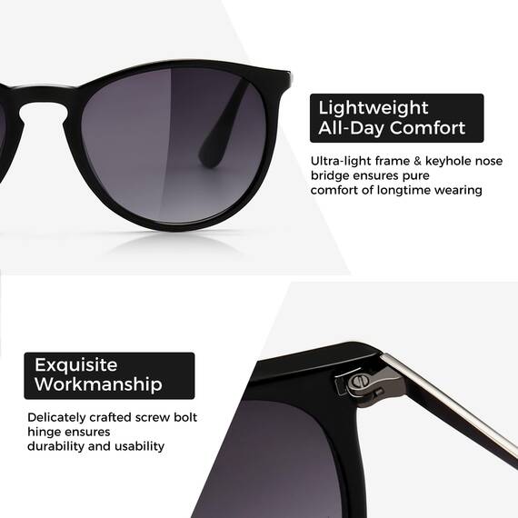 SUNGAIT Vintage Runde Damen Sonnenbrille Klassischer Retro Designer Stil(Matte Schwarz/farbverlauf Grau)-SGT567