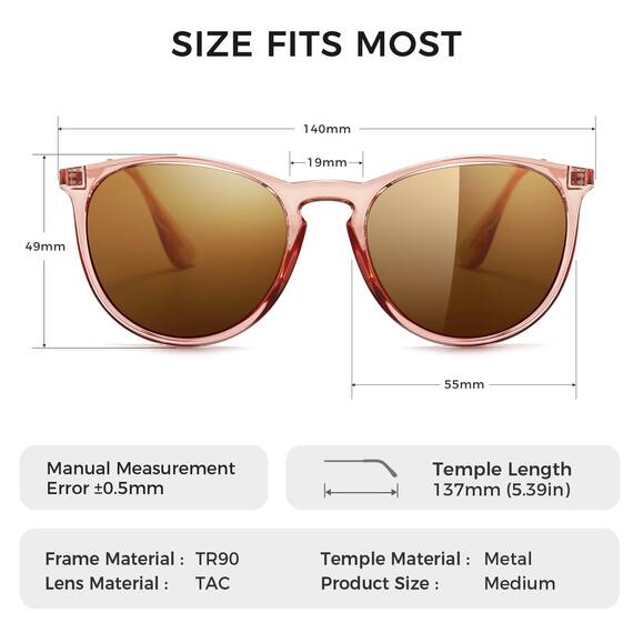 SUNGAIT Vintage Runde Damen Sonnenbrille Klassischer Retro Designer Stil (Polarisierte Hellbraune Linse/Rosa Brauner Rahmen)-SGT567