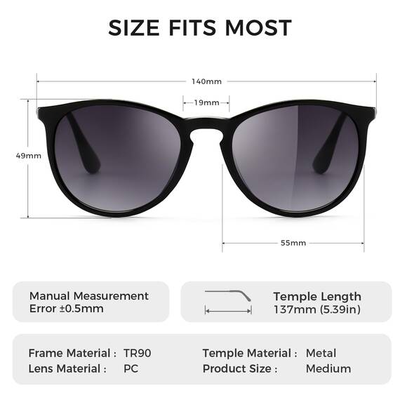 SUNGAIT Vintage Runde Damen Sonnenbrille Klassischer Retro Designer Stil(Matte Schwarz/farbverlauf Grau)-SGT567