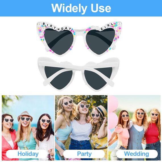 Ainiv Herz Sonnenbrille Perle, Sonnenbrille Herzform mit Birthday Brief und Perlenverzierung, UV400 Sonnenschutz und UV-Schutz Modische Retro Herz Brille für Geburtstagsfeier, Fasching, Karneval-Weiß