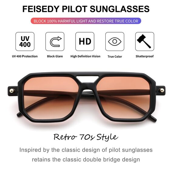 FEISEDY Retro 70er Jahre Sonnebrille Damen Herren Vintage Flache Quadratische Brille mit UV400-Schutz B2622