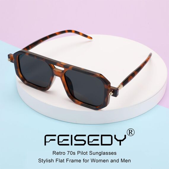 FEISEDY Retro 70er Jahre Sonnenbrille Damen Herren Vintage Flache Quadratische Brille mit UV400-Schutz B2622