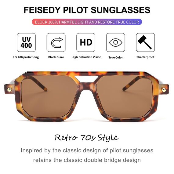 FEISEDY Retro 70er Jahre Sonnenbrille Damen Herren Vintage Flache Quadratische Brille mit UV400-Schutz B2622