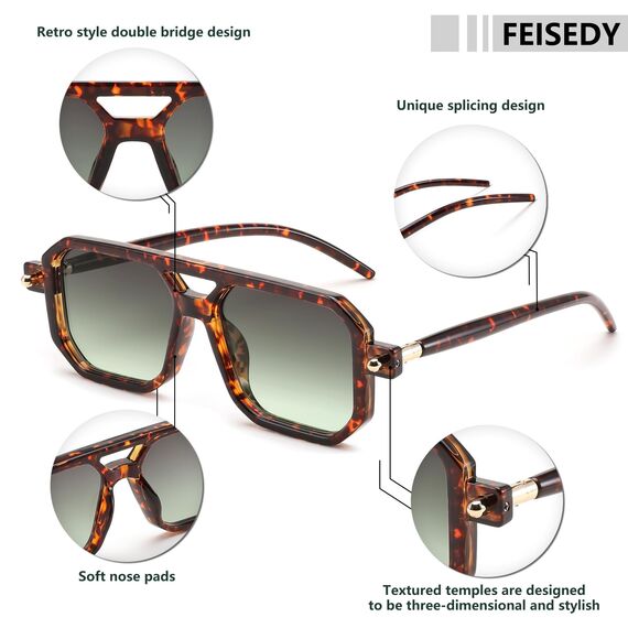 FEISEDY Retro 70er Jahre Sonnebrille Damen Herren Vintage Flache Quadratische Brille mit UV400-Schutz B2622