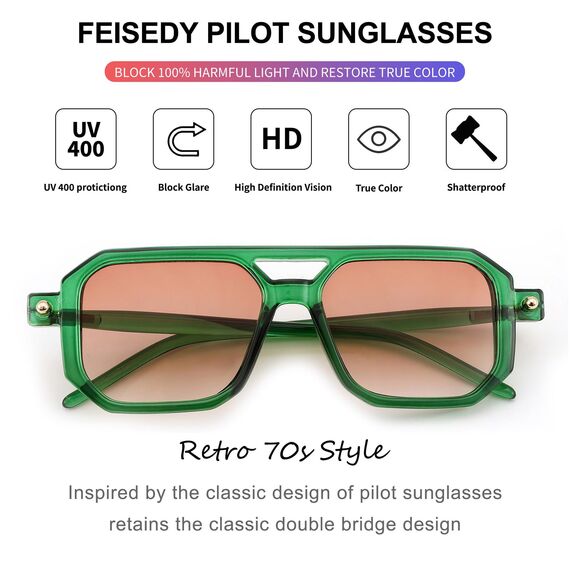 FEISEDY Retro 70er Jahre Sonnenbrille Damen Herren Vintage Flache Quadratische Brille mit UV400-Schutz B2622