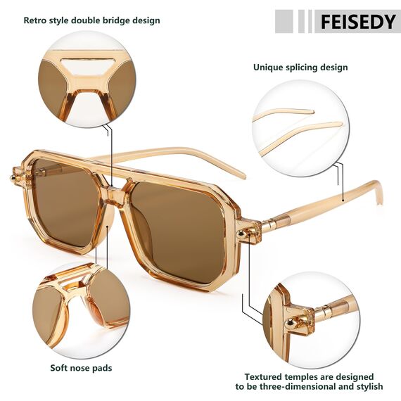 FEISEDY Retro 70er Jahre Sonnenbrille Damen Herren Vintage Flache Quadratische Brille mit UV400-Schutz B2622