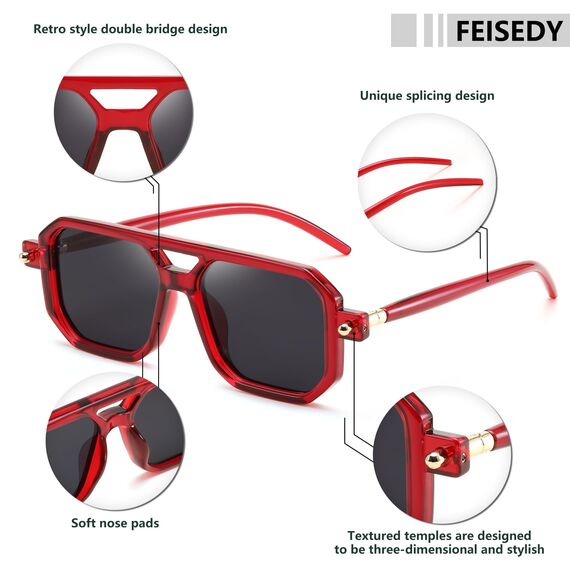 FEISEDY Retro 70er Jahre Sonnebrille Damen Herren Vintage Flache Quadratische Brille mit UV400-Schutz B2622