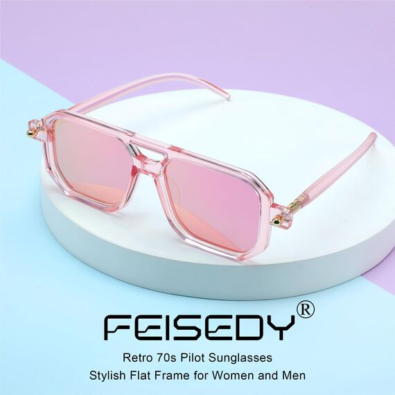 FEISEDY Retro 70er Jahre Sonnebrille Damen Herren Vintage Flache Quadratische Brille mit UV400-Schutz B2622