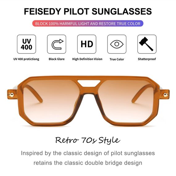 FEISEDY Retro 70er Jahre Sonnenbrille Damen Herren Vintage Flache Quadratische Brille mit UV400-Schutz B2622