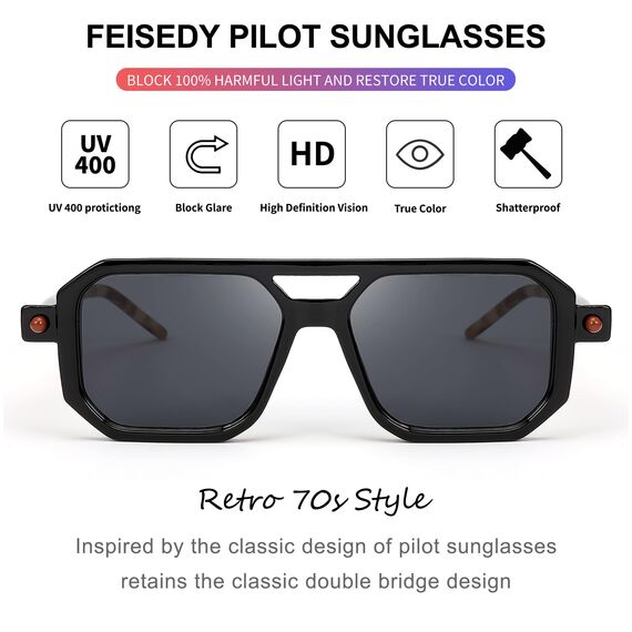 FEISEDY Retro 70er Jahre Sonnenbrille Damen Herren Vintage Flache Quadratische Brille mit UV400-Schutz B2622