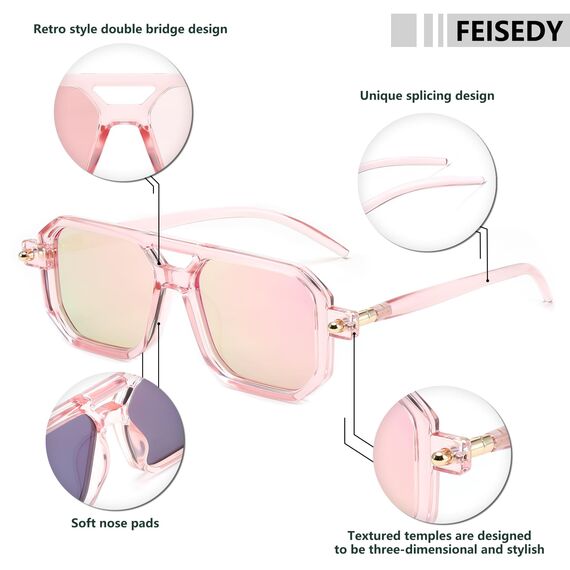 FEISEDY Retro 70er Jahre Sonnebrille Damen Herren Vintage Flache Quadratische Brille mit UV400-Schutz B2622