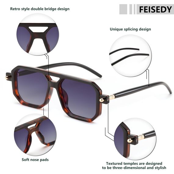 FEISEDY Retro 70er Jahre Sonnenbrille Damen Herren Vintage Flache Quadratische Brille mit UV400-Schutz B2622