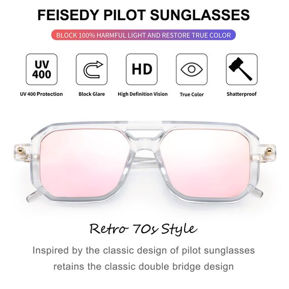 FEISEDY Retro 70er Jahre Sonnebrille Damen Herren Vintage Flache Quadratische Brille mit UV400-Schutz B2622