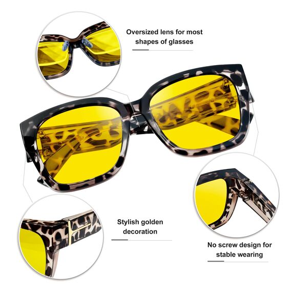 KANASTAL ÜberGroß Nachtfahrbrille für Brillenträger Polarisiert Anti Blende Nachtfahrbrille Damen und Herren UV400 Schutz Nachtbrille, Grau Leopard Rahmen Gelb Gläser