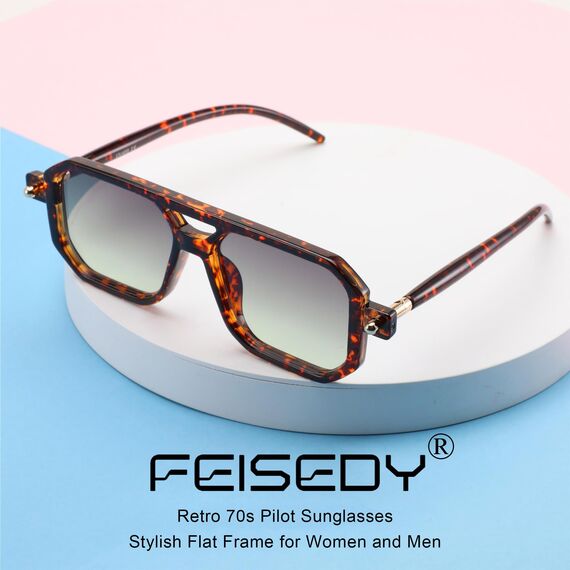 FEISEDY Retro 70er Jahre Sonnebrille Damen Herren Vintage Flache Quadratische Brille mit UV400-Schutz B2622