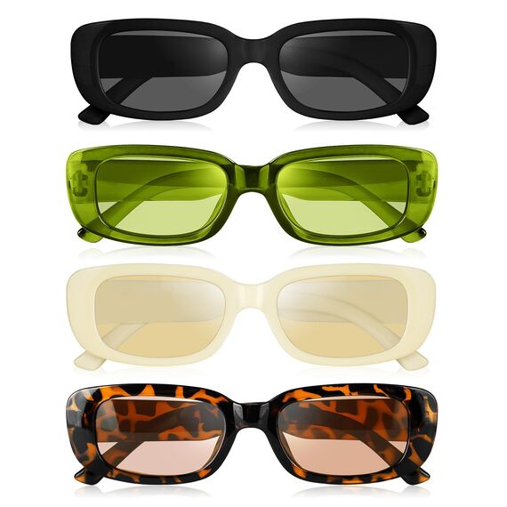 Ainiv 4 Stück Vintage Rechteckige Sonnenbrille, 90er Retro Sonnenbrillen, Modische Retro-Brille mit quadratischem Rahmen, UV400 Sonnenschutz und UV-Schutz, Trendy Brille für Damen Herren