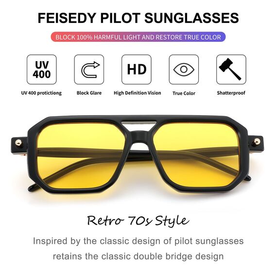 FEISEDY Retro 70er Jahre Sonnenbrille Damen Herren Vintage Flache Quadratische Brille mit UV400-Schutz B2622