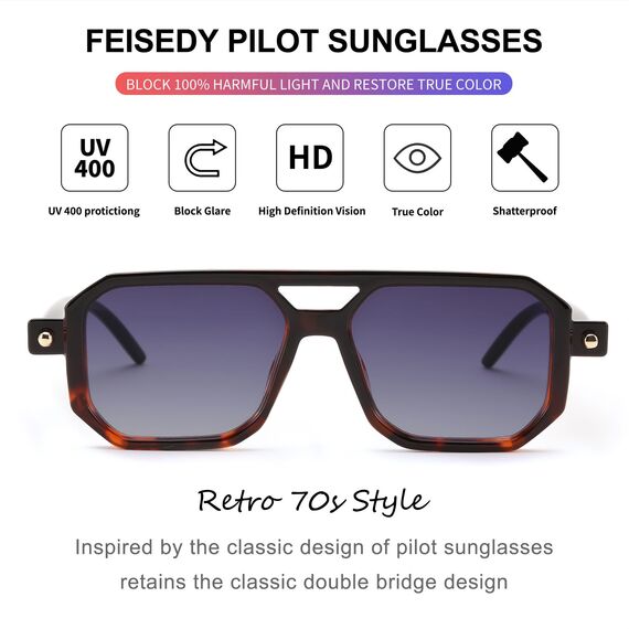 FEISEDY Retro 70er Jahre Sonnenbrille Damen Herren Vintage Flache Quadratische Brille mit UV400-Schutz B2622