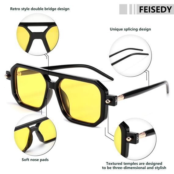 FEISEDY Retro 70er Jahre Sonnenbrille Damen Herren Vintage Flache Quadratische Brille mit UV400-Schutz B2622