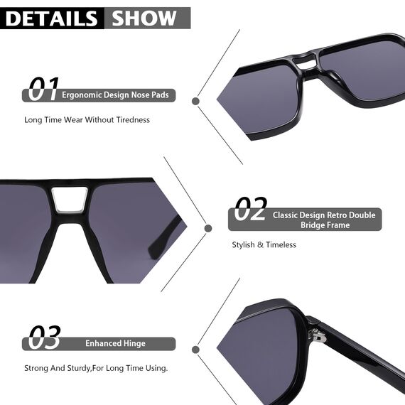 COASION Retro Sonnenbrille für Damen Herren - XL Übergroß 70er Jahre Sonnenbrille UV400 Schutz Trendy Double Brücke Rahmen Brille