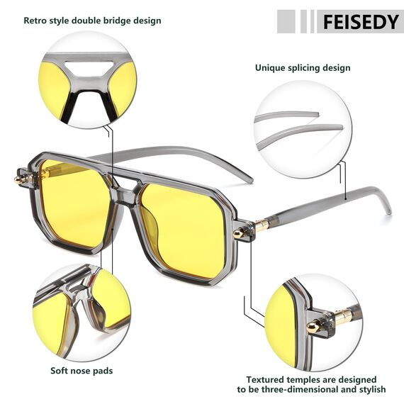 FEISEDY Retro 70er Jahre Sonnebrille Damen Herren Vintage Flache Quadratische Brille mit UV400-Schutz B2622