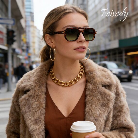 FEISEDY Retro 70er Jahre Sonnenbrille Damen Herren Vintage Flache Quadratische Brille mit UV400-Schutz B2622