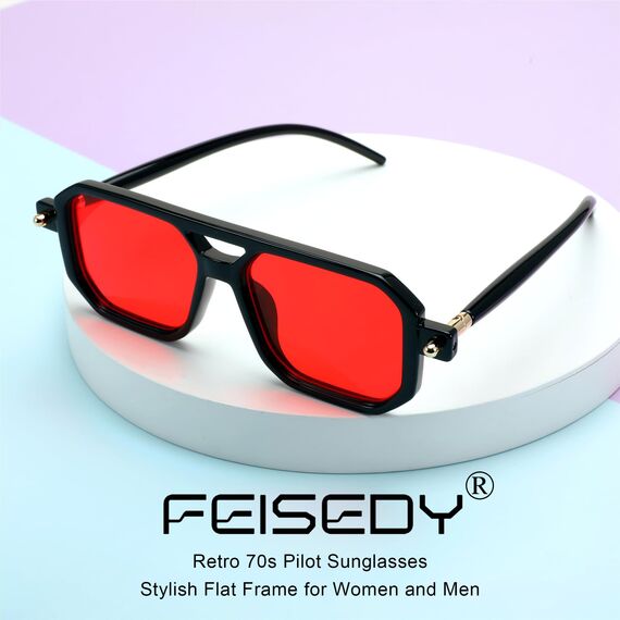 FEISEDY Retro 70er Jahre Sonnebrille Damen Herren Vintage Flache Quadratische Brille mit UV400-Schutz B2622