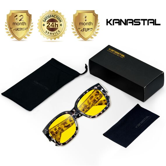 KANASTAL ÜberGroß Nachtfahrbrille für Brillenträger Polarisiert Anti Blende Nachtfahrbrille Damen und Herren UV400 Schutz Nachtbrille, Grau Leopard Rahmen Gelb Gläser