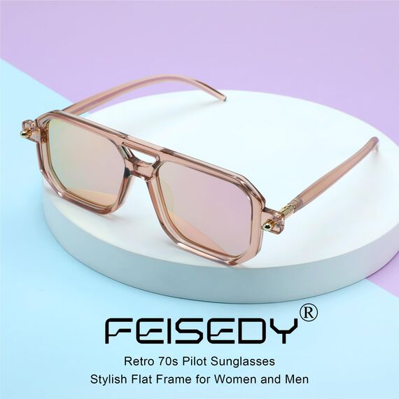 FEISEDY Retro 70er Jahre Sonnebrille Damen Herren Vintage Flache Quadratische Brille mit UV400-Schutz B2622
