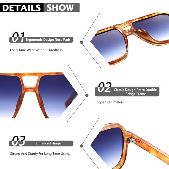 COASION Retro Sonnenbrille für Damen Herren - XL Übergroß 70er Jahre Sonnenbrille UV400 Schutz Trendy Double Brücke Rahmen Brille