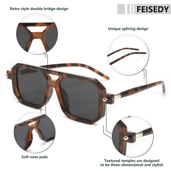 FEISEDY Retro 70er Jahre Sonnenbrille Damen Herren Vintage Flache Quadratische Brille mit UV400-Schutz B2622