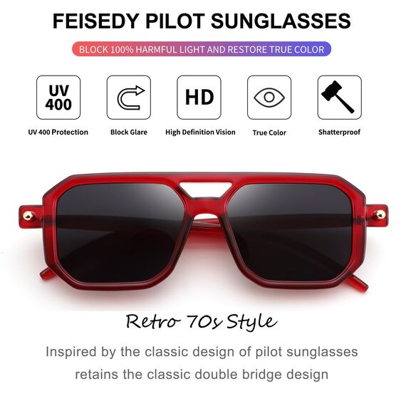 FEISEDY Retro 70er Jahre Sonnebrille Damen Herren Vintage Flache Quadratische Brille mit UV400-Schutz B2622