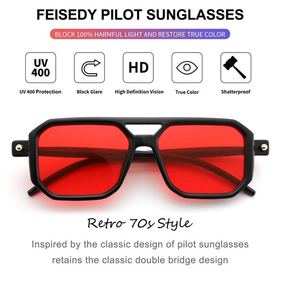 FEISEDY Retro 70er Jahre Sonnebrille Damen Herren Vintage Flache Quadratische Brille mit UV400-Schutz B2622