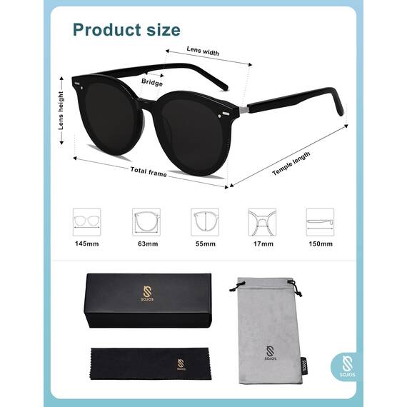 SOJOS Klassisch Retro Runde Sonnenbrille Damen Herren Groß Brille SJ2067 mit Schwarz Rahmen/Schwarz Linse