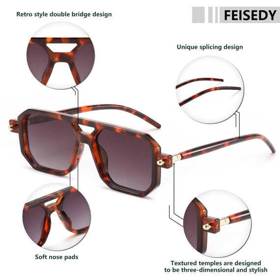 FEISEDY Retro 70er Jahre Sonnenbrille Damen Herren Vintage Flache Quadratische Brille mit UV400-Schutz B2622