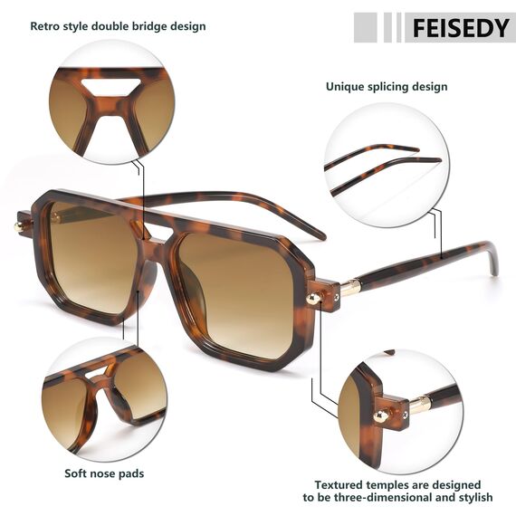 FEISEDY Retro 70er Jahre Sonnenbrille Damen Herren Vintage Flache Quadratische Brille mit UV400-Schutz B2622