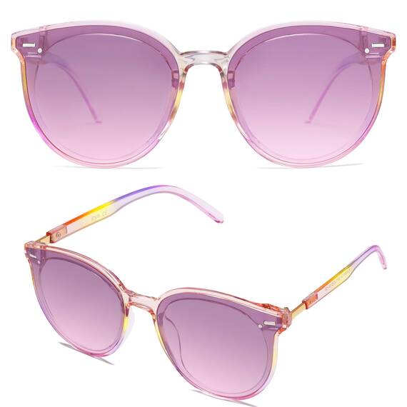 SOJOS Klassisch Retro Runde Sonnenbrille Damen Herren Groß Brille SJ2067 mit Regenbogen Rahmen/Gradient Violett & Rosa Linse