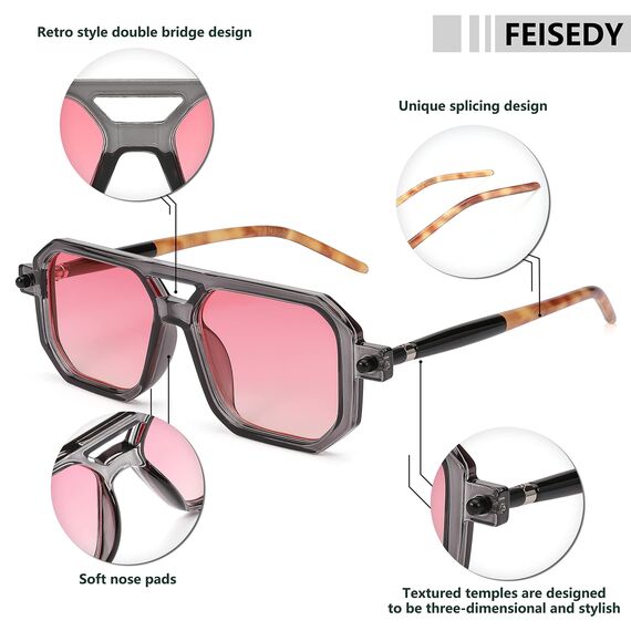 FEISEDY Retro 70er Jahre Sonnenbrille Damen Herren Vintage Flache Quadratische Brille mit UV400-Schutz B2622