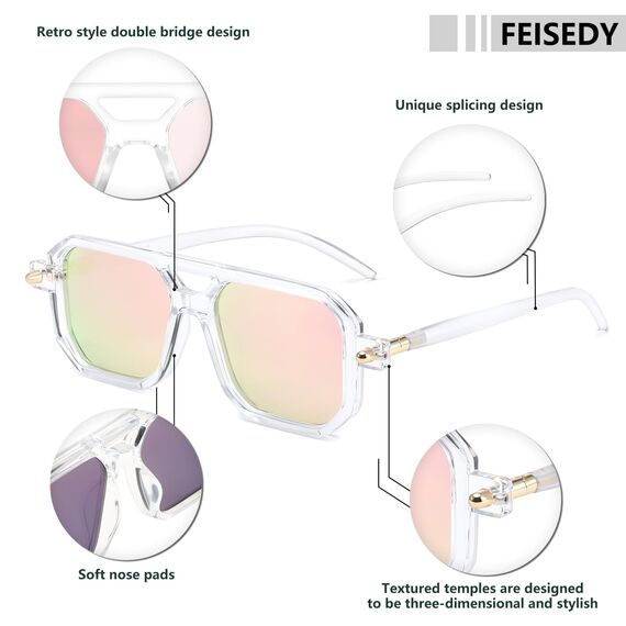 FEISEDY Retro 70er Jahre Sonnebrille Damen Herren Vintage Flache Quadratische Brille mit UV400-Schutz B2622