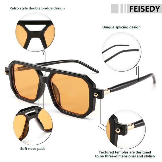 FEISEDY Retro 70er Jahre Sonnenbrille Damen Herren Vintage Flache Quadratische Brille mit UV400-Schutz B2622