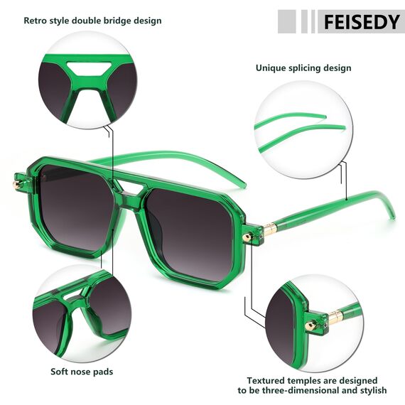 FEISEDY Retro 70er Jahre Sonnenbrille Damen Herren Vintage Flache Quadratische Brille mit UV400-Schutz B2622